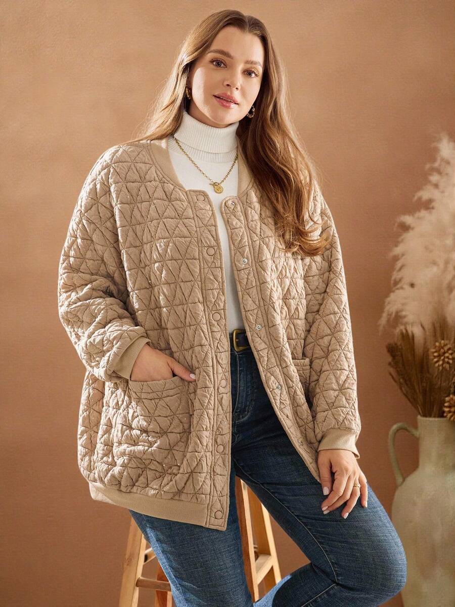 EMERY ROSE 秋冬款大码女式绗缝纽扣口袋夹棉大衣 - 駝色 - 查看 1