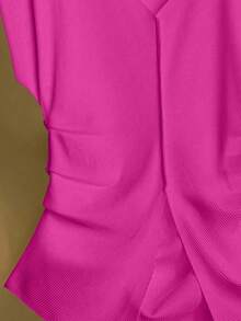 Franclia 女士纯色V领短袖褶皱下摆时尚T恤 - 玫紅色 - 查看 4