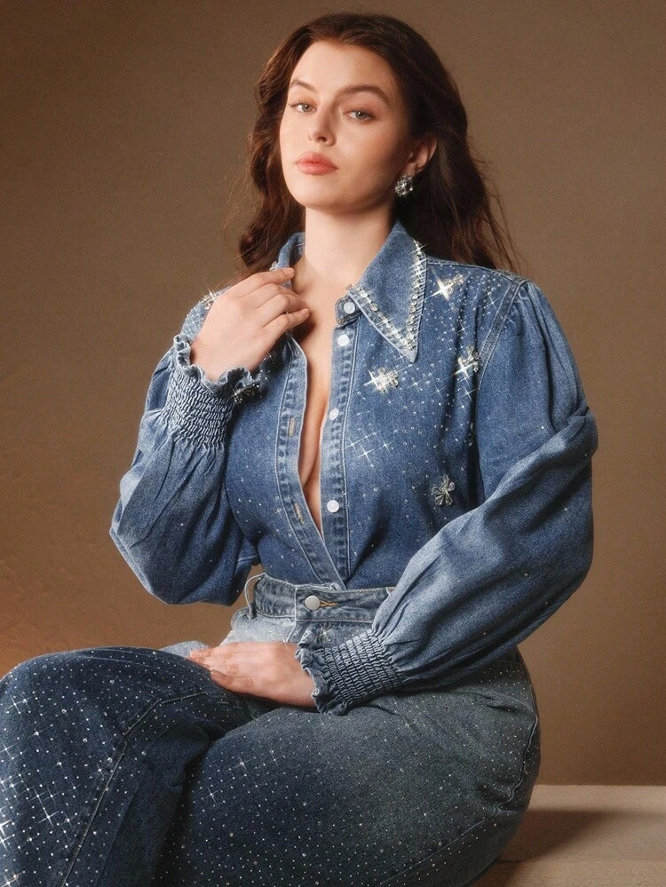 Elegant & Dignified Handcrafted Diamond Embellished Women's Blue Casual Denim Jacket