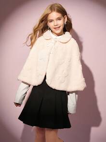 Girls' Casual Lapel Faux Fur Poncho Jacket,Bow Decor Jacquard Fabric Apricot Autumn Cool Girl Aesthetic Wedding Guest Outing Party School Travel - White - View 7