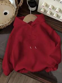 SHEIN EZwear 休闲简约蝴蝶结樱花印花连帽长袖宽松厚款卫衣，秋冬款酒红色 - 酒紅色 - 查看 2