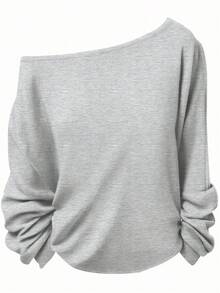 SHEIN EZwear Casual College Style Light Gray California Graphic Loose Asymmetrical Shoulder Thick Sweatshirt, Suitable For Fall/Winter - Light Grey - View 2