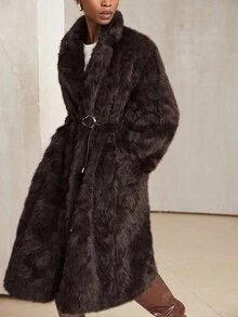 Aveloria Modichic 女士休闲宽松仿毛领夹克，秋冬 - 棕色 - 查看 2