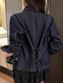 FRIFUL 女士牛仔衬衫，翻领，后背抽绳设计，修身款，百搭长袖 - 藍色 - 查看 3