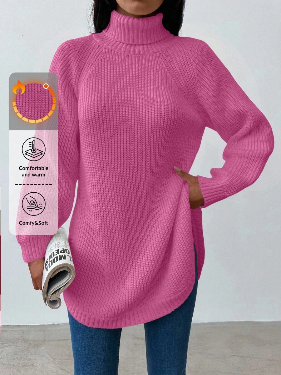 EURMUSE Women's Solid Color Mock Neck Raglan Sleeve Sleeve Loose Casual Versatile Sweater - Hot Pink - View 1