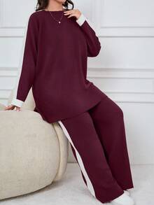 EURMUSE Sweater And Pants Two Pieces Set With Raglan Sleeve Holiday Lounge Burgundy Autumn - Burgundy - View 4