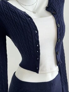 SHEIN Unity 女士两件套简约时尚百搭休闲日常针织衫套装。秋冬必备单品。 - 藏蓝色 - 查看 6