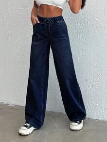 Women's Casual Mid Waist Wide Leg Elastic Jeans - Dark Wash - View 4