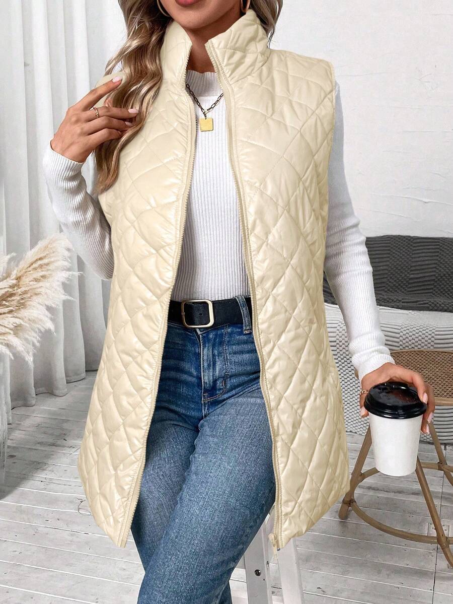 SHEIN Clasi 大码格子立领拉链无袖棉服女式秋冬装 - 卡其色 - 查看 1