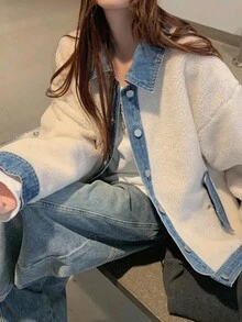 DAZY 秋冬女士休闲牛仔夹克，人造毛皮拼接