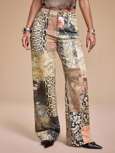 Grunge Punk Jeans da donna a vita super bassa, gamba dritta, slim, con stampa vintage Y2K, motivo hippie e stampa animale