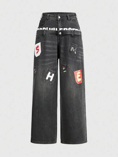 Grunge Punk Jeans ampi da donna con toppe e ricami a lettere, stile di strada