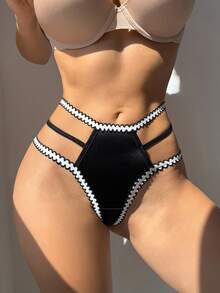 SHEIN Femmes Culotte Tanga Sexy Élégante et Confortable avec Anneau Circulaire blocs de couleurs - Noir - Voir 1