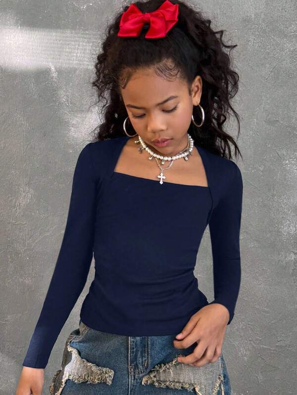 Coolane Tween Girls T-Shirt With Queen Anne Neckline For Everyday Casual Style Long Sleeve,Fall/Winter,Halloween ,Christmas,Party,Graduation ,Elegant