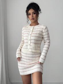 Elenzga 女士条纹长袖针织开衫和针织中裙优雅两件套，秋冬 - 彩色 - 查看 4