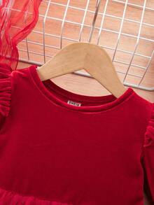 Vestido elegante y lindo de manga larga con malla y sombrero para bebé niña - Rojo - Ver 5