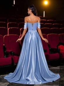 Glamrae Elegant Luxurious Blue Rhinestone Off-Shoulder Mermaid Dress With Detachable Ruffle Hem, Suitable For Weddings, Parties, Vacations, Galas, Formal Events (Heavy Embellishment) - Blue - View 9