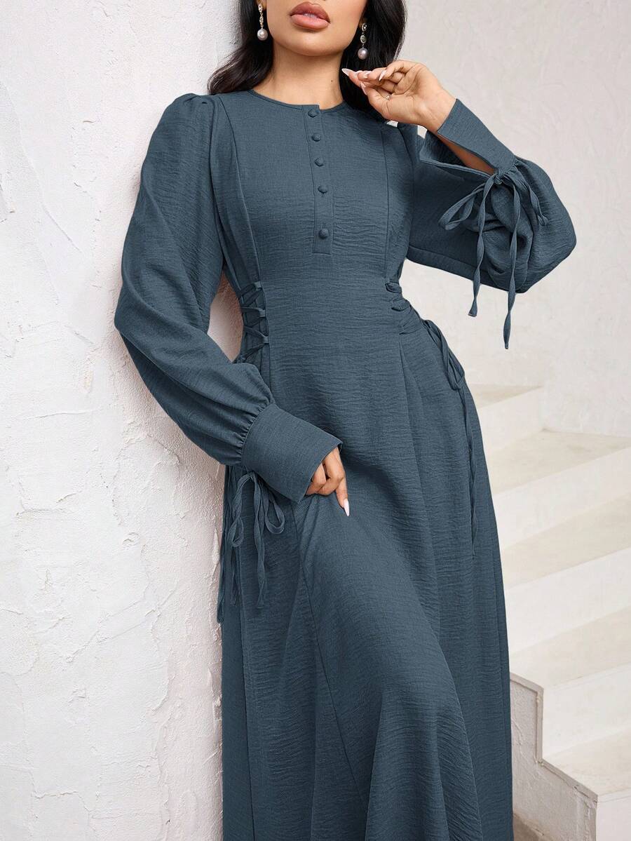 Veilorie Váy đầm phong cách Ả Rập buộc chéo eo màu trơn thanh lịch dành cho nữ - màu xanh lá - Xem 1