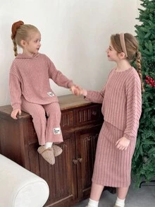 SHEIN LMoss 2pcs/Set Young Girl Hooded Sweatshirt And Pants Set With Asymmetrical Hem,Light Pink Autumn Family Matching Cozy Winter Christmas Outfits - Mauve Purple - View 2