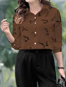 EMERY ROSE Plus Size Women Fall Casual Beige Printed Long Sleeve Shirt - Coffee Brown - View 5