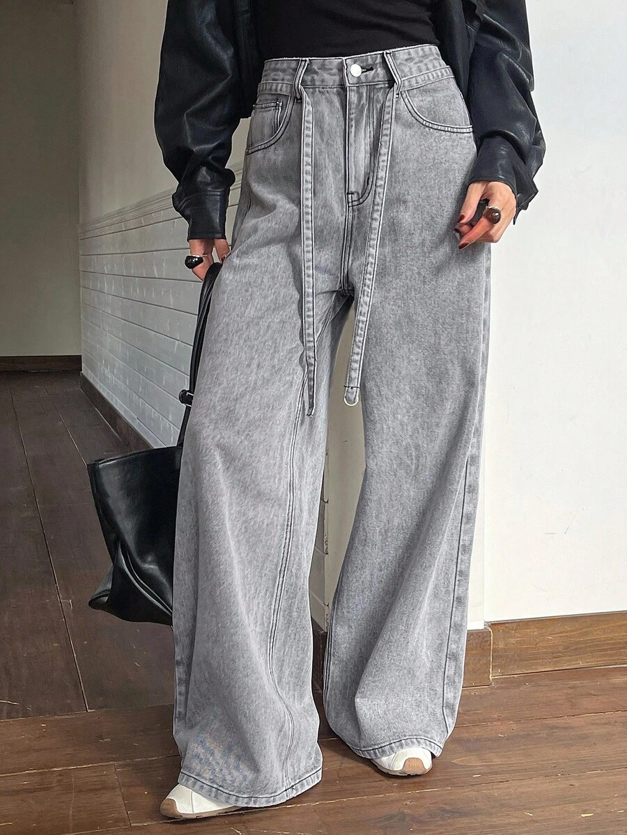Livesso Women's Vintage Washed Loose Casual Street Outdoor Design Drawstring Waist Straight Leg Jeans, Suitable For Autumn & Spring - Grey - View 1