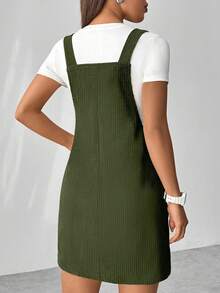 Flirla 女式休闲纯色灯芯绒背带裙 - 橄欖綠 - 查看 2