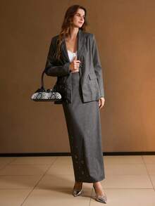 MOTF PREMIUM WOMEN LONG STRAIGHT FITTED RIVET DECOR SKIRT - Dark Grey - View 6