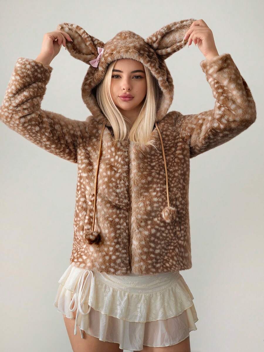 Sweetina Women's Deer Print Patchwork Tight Ribbed Deer Ear Bow Jacket Animal Print Clothes Warm Clothes Women Leopard Print Jacket Fawn Print Hoodie Deer Print Jacket In Fall/Winter,Zip Up Hoodie For Women - Multicolor - View 1