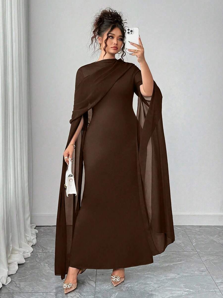 Elenzga Bata elegante con cintura ajustada, talla grande, de gasa azul marino - Café integral - Ver 1