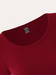 SHEIN PETITE Camiseta básica de manga larga de unicolor negro con cuello de barco y ajuste ceñido, adecuada para verano, otoño/invierno, de estilo minimalista y casual para mujer en color borgoña