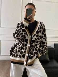 DAZY Áo len cardigan dài tay dáng rộng cổ chữ V họa tiết da báo thường ngày cho nữ mùa thu/đông - Nhiều màu - Xem 3