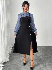 SHEIN Elenzya Plus Size Women's Color Block Long Sleeve Fitted A-Line Asymmetric Hem 2 In 1 Elegant Commuter Maxi Shirt Dress Fall Cloth For Women