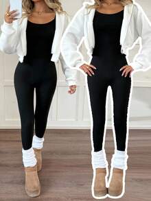 SHEIN 少女白色连帽拉链运动衫和宽松休闲装两件套，非常适合冬季 - 黑與白 - 查看 3