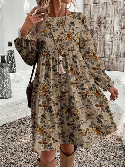 EMERY ROSE Casual Elegant Floral Print Midi Dress For Women, Suitable For Dates And Outings, Autumn/Winter,Fall