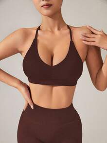 SHEIN Velisys Women's Seamless Black Sports Bra Yoga Bra Top Gym Tops Crop Workout Bra Tops Gym Tops Halter V Neck Sports Bra - Multicolor - View 5