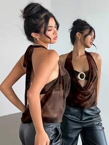 Aloruh New Sexy Semi-Sheer Plunging Neck Brown Tie-Dye Tie Dye Full Print Halter Backless Top With Modern Metal Decor, Suitable For Party, Date, Y2K