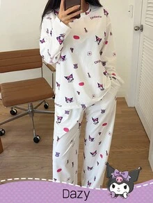 DAZY HELLO KITTY AND FRIENDS | SHEIN 卡通图案圆领长袖上衣和宽松长裤女士睡衣套装，秋冬服装 - 白色 - 查看 4