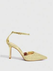 CUCCOO SZL Gold Metal PU Hollow One-Strap Peep Toe Sexy High Heel Pumps, Business Formal Party