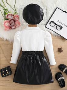 2 件套年轻女士简约优雅泡泡袖上衣和高腰 A 字皮裙搭配贝雷帽套装，适合休闲时尚穿着 - 彩色 - 查看 2