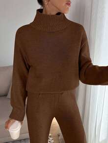 EURMUSE Women Relaxed Fit Turtle-Neck Sweater With Rib Knit Detailed And Straight Knit Pant Set - Brown - View 7