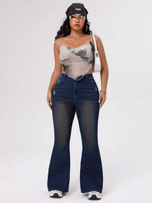 SHEIN EZwear Plus Size Distressed Slim Fit Flare Leg Jeans - Blue - View 4
