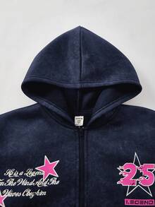 SHEIN 男童 Bolty 一件式休闲运动街头时尚抓绒面料涂鸦图案开衫连帽衫，适合返校、生日派对、晚宴、演出、婚礼、洗礼、开幕式等场合，日常穿着舒适，适合上学、旅行、运动，也适合秋冬季节。 - 藏蓝色 - 查看 3