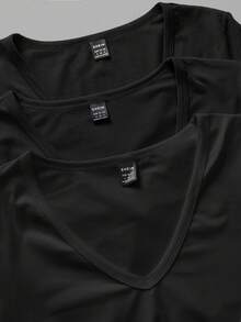 SHEIN EZwear 3 件套女士深 V 领紧身休闲长袖 T 恤套装，适合秋冬季 - 黑色 - 查看 4