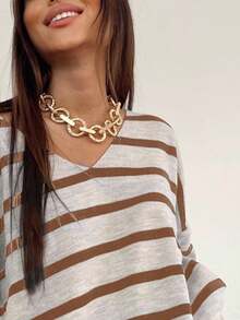 SHEIN Cottnline Striped Pattern Drop Shoulder Jumper - Apricot - View 4