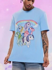 My Little Pony X SHEIN 男士 T 恤 图案 T 恤 男士独角兽衬衫 男士 T 恤 - 藍色 - 查看 6