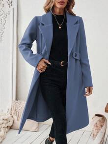 Vionelle Plus Size Women's Classic Casual Minimalist Lapel Cinched Waist Button Pocket Mid-Length Coat, Autumn/Winter Long Jacket For Women Winter Coat Women Long Coat Women Coats Trench Coat Women - Blue - View 3