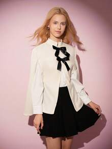 Teen Girl Bow Decor Cape Woolen Jacket, Suitable For Spring And Autumn - Beige - View 4