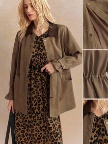 Écloséra Women's Fall Elegant Commuter Turndown Collar Adjustable Waist Large Pocket Mid-Length Jacket