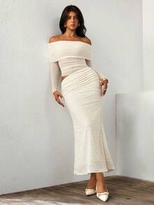 Rafferiza Abito aderente da donna in in rete delicato e sexy, con spalle scoperte, maniche lunghe, arricciature e patchwork testurizzato - Albicocca - Visualizzare 4