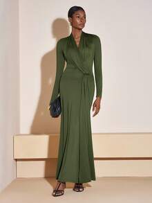 Zivah Vestido maxi de mujer elegante y casual para otoño e invierno 2025 con manga larga, decoración metálica, cuello en V y pliegues, ideal para viajes, ir a trabajar, fiestas, vacaciones, estilo de dinero antiguo, compras, banquetes, elegante, citas, informal - A - Verde - Ver 6